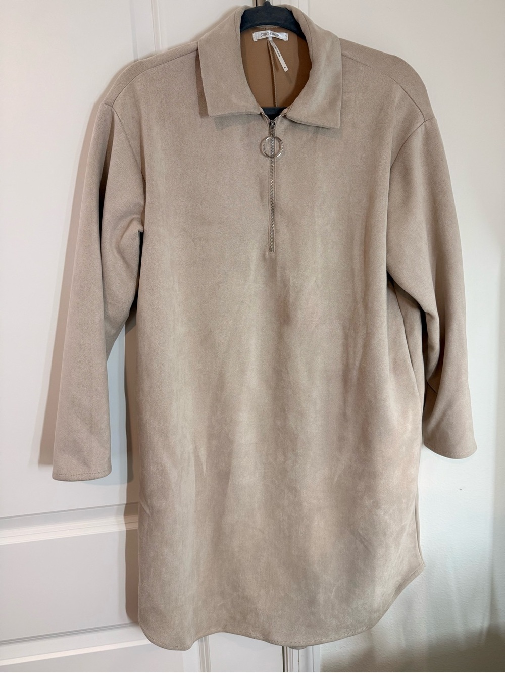 Beige Suede-Look Half-Zip Tunic Dress
